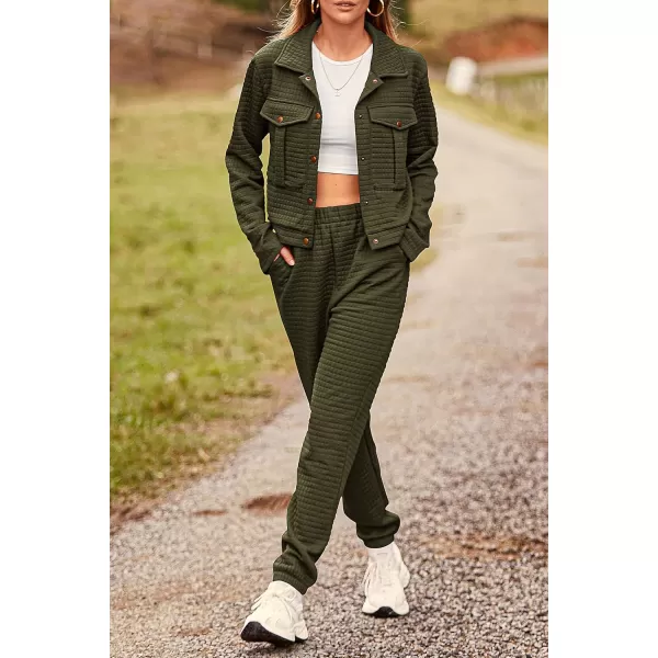 imagePRETTYGARDEN Womens 2023 Fall 2 Piece Outfits Tracksuit Long Sleeve Button Down Shacket Jacket Pockets Long Pants Casual SetArmy Green