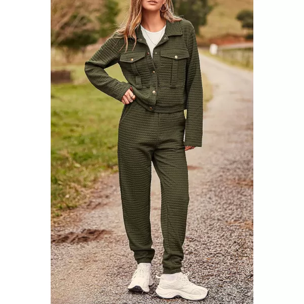 imagePRETTYGARDEN Womens 2023 Fall 2 Piece Outfits Tracksuit Long Sleeve Button Down Shacket Jacket Pockets Long Pants Casual SetArmy Green
