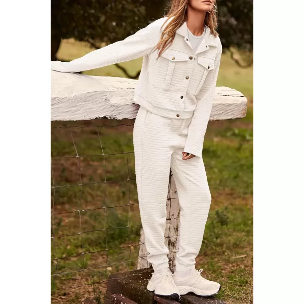 imagePRETTYGARDEN Womens 2023 Fall 2 Piece Outfits Tracksuit Long Sleeve Button Down Shacket Jacket Pockets Long Pants Casual SetBeige