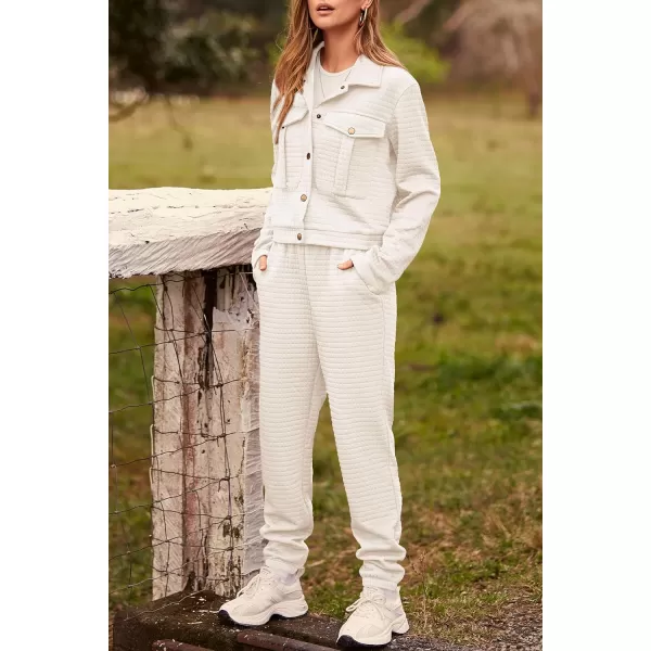 imagePRETTYGARDEN Womens 2023 Fall 2 Piece Outfits Tracksuit Long Sleeve Button Down Shacket Jacket Pockets Long Pants Casual SetBeige