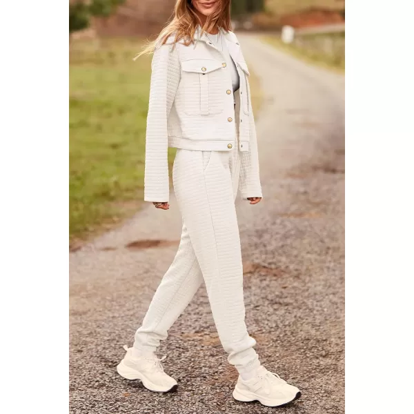 imagePRETTYGARDEN Womens 2023 Fall 2 Piece Outfits Tracksuit Long Sleeve Button Down Shacket Jacket Pockets Long Pants Casual SetBeige