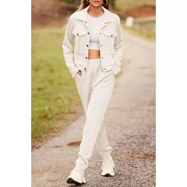 imagePRETTYGARDEN Womens 2023 Fall 2 Piece Outfits Tracksuit Long Sleeve Button Down Shacket Jacket Pockets Long Pants Casual SetBeige