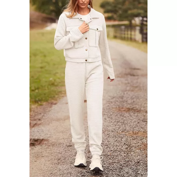 imagePRETTYGARDEN Womens 2023 Fall 2 Piece Outfits Tracksuit Long Sleeve Button Down Shacket Jacket Pockets Long Pants Casual SetBeige