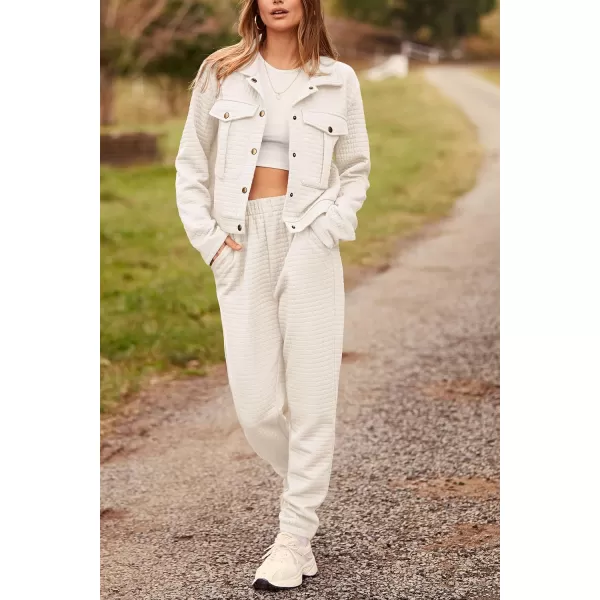 imagePRETTYGARDEN Womens 2023 Fall 2 Piece Outfits Tracksuit Long Sleeve Button Down Shacket Jacket Pockets Long Pants Casual SetBeige