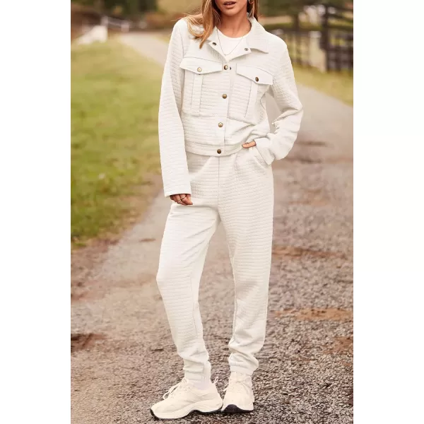 imagePRETTYGARDEN Womens 2023 Fall 2 Piece Outfits Tracksuit Long Sleeve Button Down Shacket Jacket Pockets Long Pants Casual SetBeige