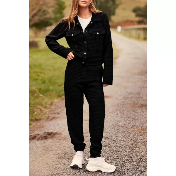 imagePRETTYGARDEN Womens 2023 Fall 2 Piece Outfits Tracksuit Long Sleeve Button Down Shacket Jacket Pockets Long Pants Casual SetBlack
