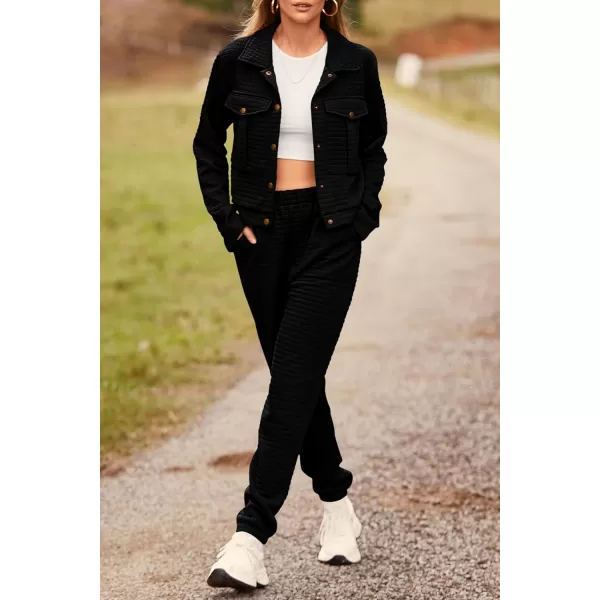 imagePRETTYGARDEN Womens 2023 Fall 2 Piece Outfits Tracksuit Long Sleeve Button Down Shacket Jacket Pockets Long Pants Casual SetBlack
