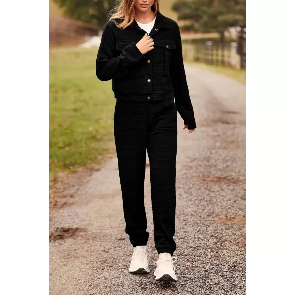 imagePRETTYGARDEN Womens 2023 Fall 2 Piece Outfits Tracksuit Long Sleeve Button Down Shacket Jacket Pockets Long Pants Casual SetBlack