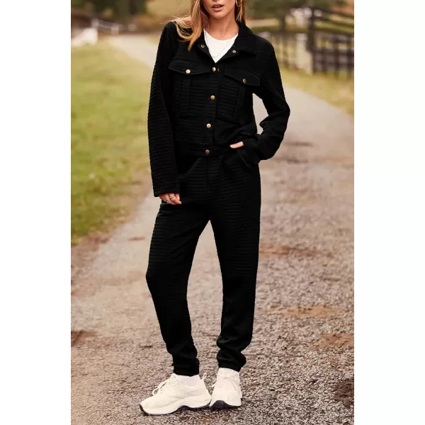 imagePRETTYGARDEN Womens 2023 Fall 2 Piece Outfits Tracksuit Long Sleeve Button Down Shacket Jacket Pockets Long Pants Casual SetBlack