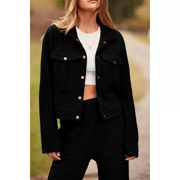 imagePRETTYGARDEN Womens 2023 Fall 2 Piece Outfits Tracksuit Long Sleeve Button Down Shacket Jacket Pockets Long Pants Casual SetBlack