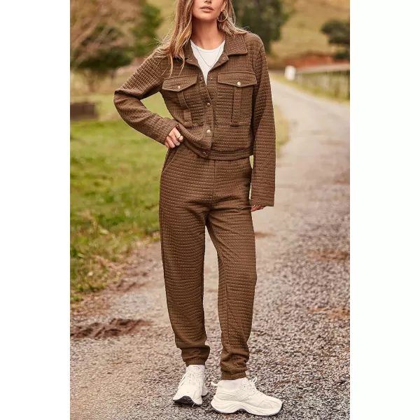 imagePRETTYGARDEN Womens 2023 Fall 2 Piece Outfits Tracksuit Long Sleeve Button Down Shacket Jacket Pockets Long Pants Casual SetCamel