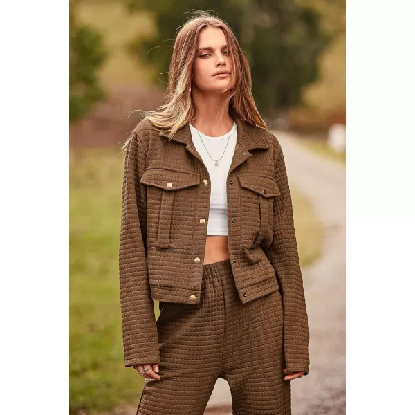 imagePRETTYGARDEN Womens 2023 Fall 2 Piece Outfits Tracksuit Long Sleeve Button Down Shacket Jacket Pockets Long Pants Casual SetCamel