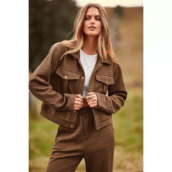 imagePRETTYGARDEN Womens 2023 Fall 2 Piece Outfits Tracksuit Long Sleeve Button Down Shacket Jacket Pockets Long Pants Casual SetCamel