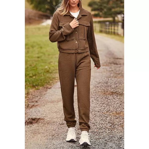 imagePRETTYGARDEN Womens 2023 Fall 2 Piece Outfits Tracksuit Long Sleeve Button Down Shacket Jacket Pockets Long Pants Casual SetCamel