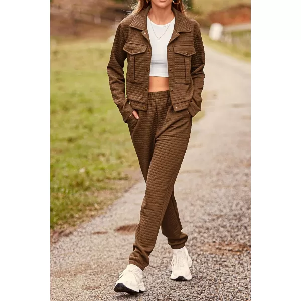 imagePRETTYGARDEN Womens 2023 Fall 2 Piece Outfits Tracksuit Long Sleeve Button Down Shacket Jacket Pockets Long Pants Casual SetCamel