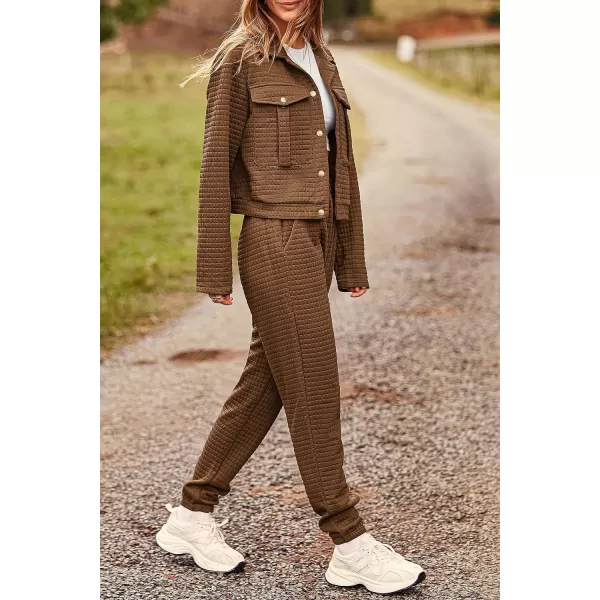 imagePRETTYGARDEN Womens 2023 Fall 2 Piece Outfits Tracksuit Long Sleeve Button Down Shacket Jacket Pockets Long Pants Casual SetCamel