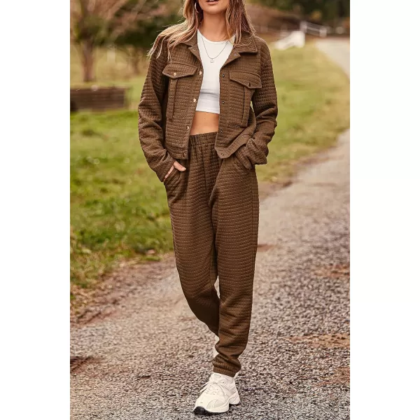 imagePRETTYGARDEN Womens 2023 Fall 2 Piece Outfits Tracksuit Long Sleeve Button Down Shacket Jacket Pockets Long Pants Casual SetCamel