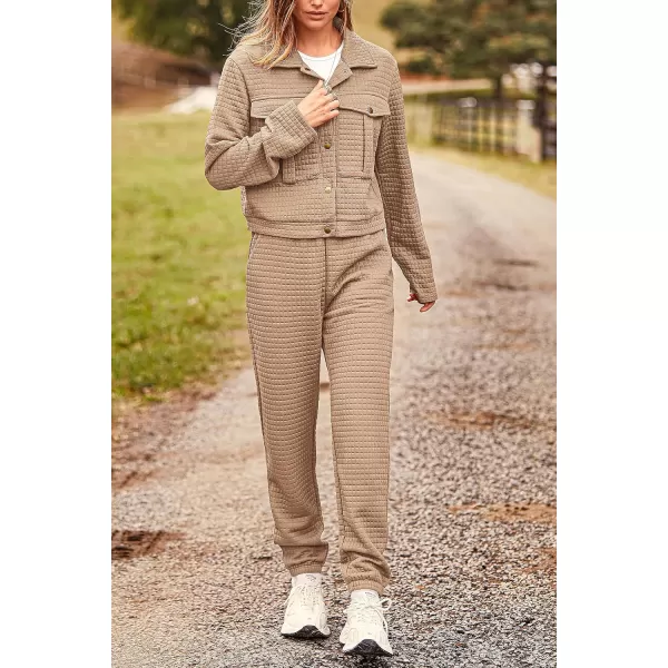 imagePRETTYGARDEN Womens 2023 Fall 2 Piece Outfits Tracksuit Long Sleeve Button Down Shacket Jacket Pockets Long Pants Casual SetDark Khaki