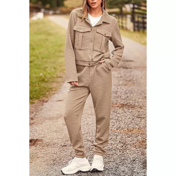 imagePRETTYGARDEN Womens 2023 Fall 2 Piece Outfits Tracksuit Long Sleeve Button Down Shacket Jacket Pockets Long Pants Casual SetDark Khaki