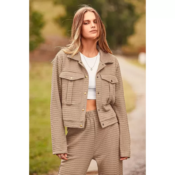 imagePRETTYGARDEN Womens 2023 Fall 2 Piece Outfits Tracksuit Long Sleeve Button Down Shacket Jacket Pockets Long Pants Casual SetDark Khaki