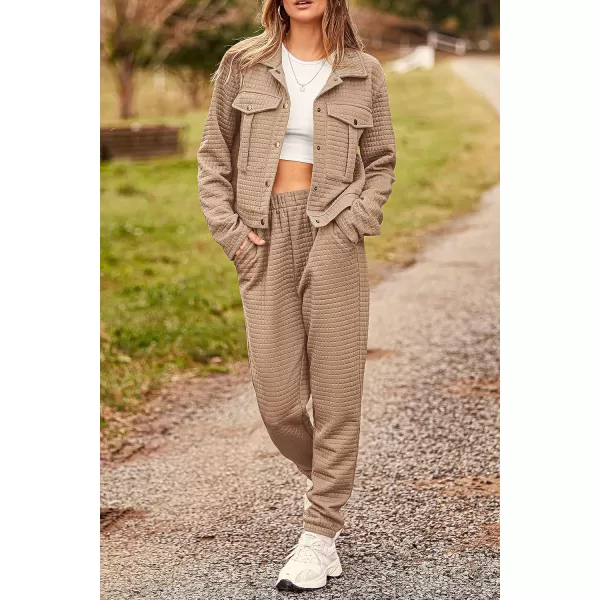 imagePRETTYGARDEN Womens 2023 Fall 2 Piece Outfits Tracksuit Long Sleeve Button Down Shacket Jacket Pockets Long Pants Casual SetDark Khaki