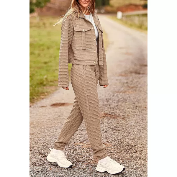 imagePRETTYGARDEN Womens 2023 Fall 2 Piece Outfits Tracksuit Long Sleeve Button Down Shacket Jacket Pockets Long Pants Casual SetDark Khaki