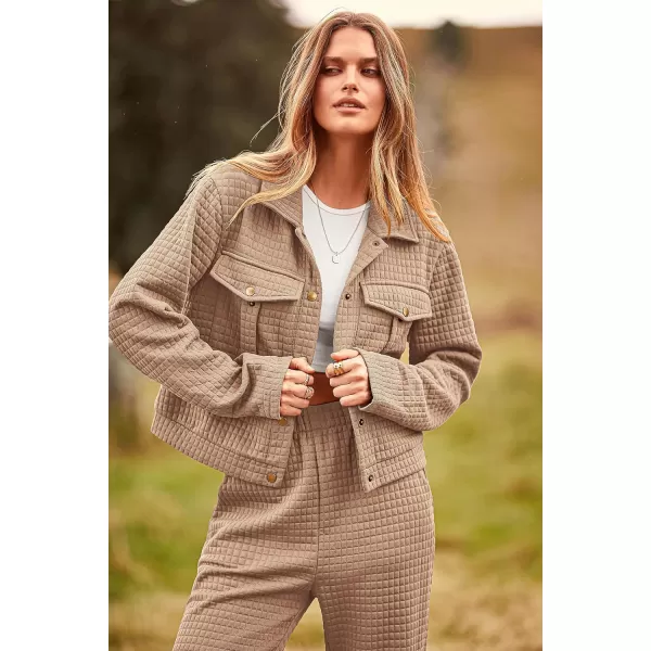 imagePRETTYGARDEN Womens 2023 Fall 2 Piece Outfits Tracksuit Long Sleeve Button Down Shacket Jacket Pockets Long Pants Casual SetDark Khaki
