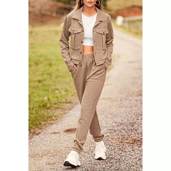 imagePRETTYGARDEN Womens 2023 Fall 2 Piece Outfits Tracksuit Long Sleeve Button Down Shacket Jacket Pockets Long Pants Casual SetDark Khaki