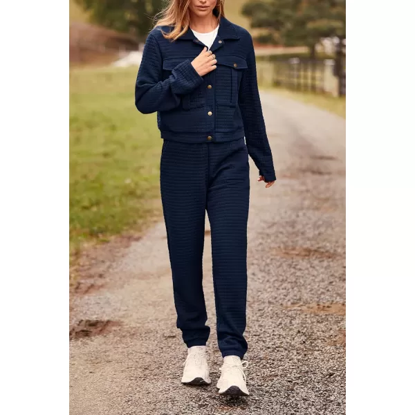 imagePRETTYGARDEN Womens 2023 Fall 2 Piece Outfits Tracksuit Long Sleeve Button Down Shacket Jacket Pockets Long Pants Casual SetNavy