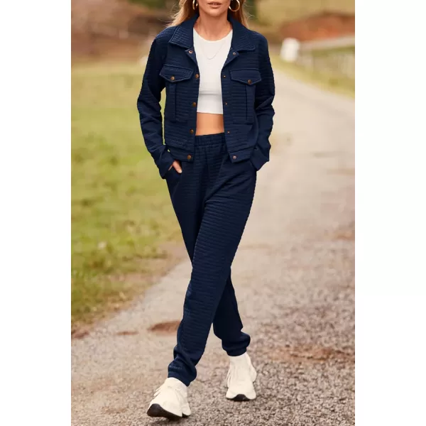 imagePRETTYGARDEN Womens 2023 Fall 2 Piece Outfits Tracksuit Long Sleeve Button Down Shacket Jacket Pockets Long Pants Casual SetNavy