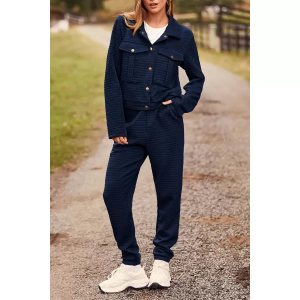 imagePRETTYGARDEN Womens 2023 Fall 2 Piece Outfits Tracksuit Long Sleeve Button Down Shacket Jacket Pockets Long Pants Casual SetNavy