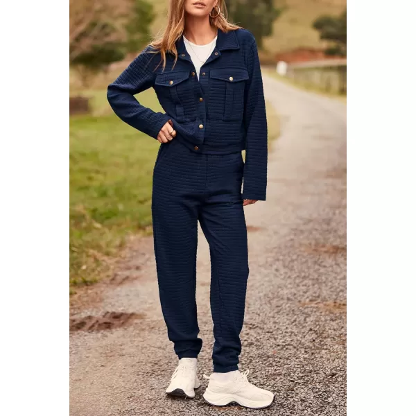 imagePRETTYGARDEN Womens 2023 Fall 2 Piece Outfits Tracksuit Long Sleeve Button Down Shacket Jacket Pockets Long Pants Casual SetNavy