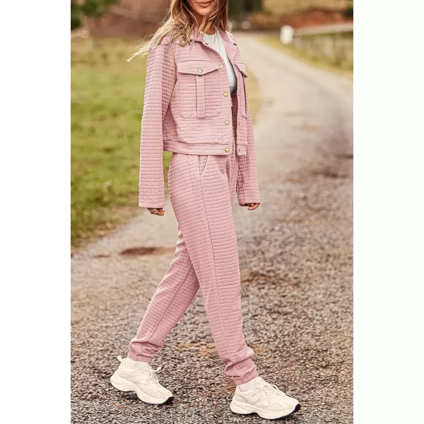 imagePRETTYGARDEN Womens 2023 Fall 2 Piece Outfits Tracksuit Long Sleeve Button Down Shacket Jacket Pockets Long Pants Casual SetPink