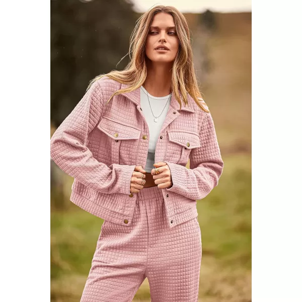 imagePRETTYGARDEN Womens 2023 Fall 2 Piece Outfits Tracksuit Long Sleeve Button Down Shacket Jacket Pockets Long Pants Casual SetPink