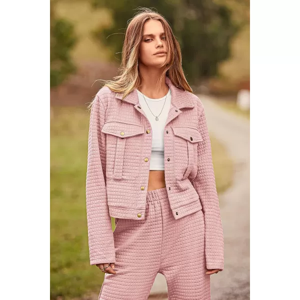 imagePRETTYGARDEN Womens 2023 Fall 2 Piece Outfits Tracksuit Long Sleeve Button Down Shacket Jacket Pockets Long Pants Casual SetPink