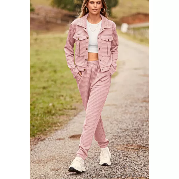 imagePRETTYGARDEN Womens 2023 Fall 2 Piece Outfits Tracksuit Long Sleeve Button Down Shacket Jacket Pockets Long Pants Casual SetPink