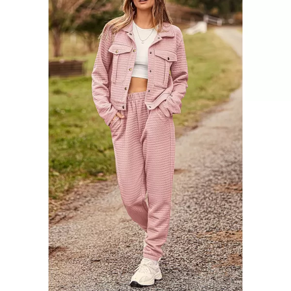 imagePRETTYGARDEN Womens 2023 Fall 2 Piece Outfits Tracksuit Long Sleeve Button Down Shacket Jacket Pockets Long Pants Casual SetPink