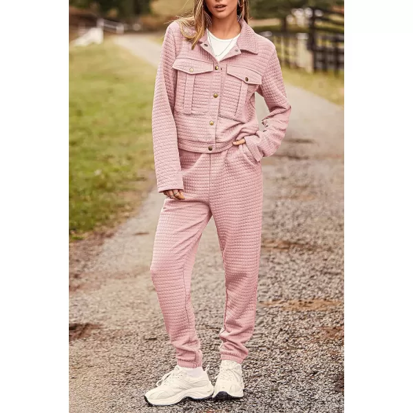 imagePRETTYGARDEN Womens 2023 Fall 2 Piece Outfits Tracksuit Long Sleeve Button Down Shacket Jacket Pockets Long Pants Casual SetPink