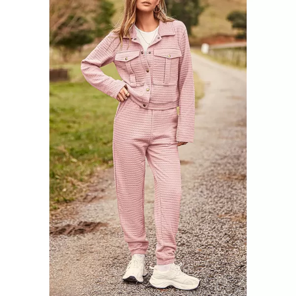 imagePRETTYGARDEN Womens 2023 Fall 2 Piece Outfits Tracksuit Long Sleeve Button Down Shacket Jacket Pockets Long Pants Casual SetPink