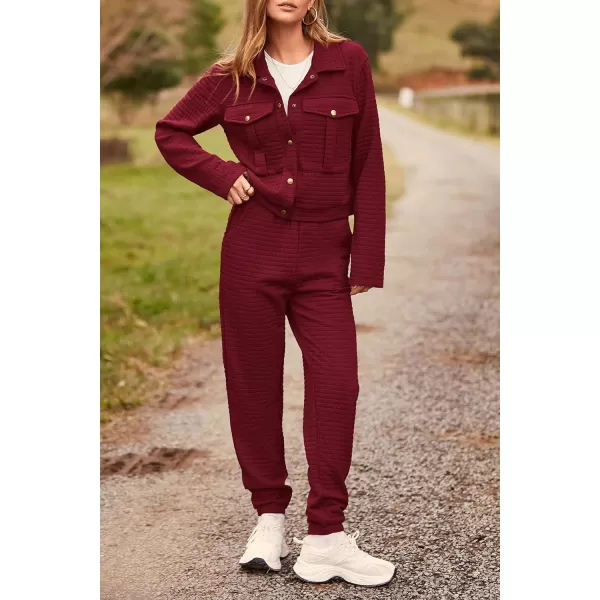 imagePRETTYGARDEN Womens 2023 Fall 2 Piece Outfits Tracksuit Long Sleeve Button Down Shacket Jacket Pockets Long Pants Casual SetWine Red