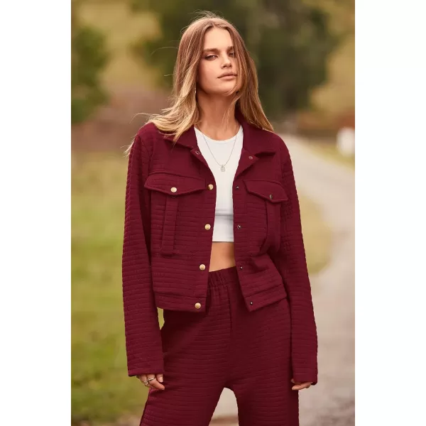 imagePRETTYGARDEN Womens 2023 Fall 2 Piece Outfits Tracksuit Long Sleeve Button Down Shacket Jacket Pockets Long Pants Casual SetWine Red