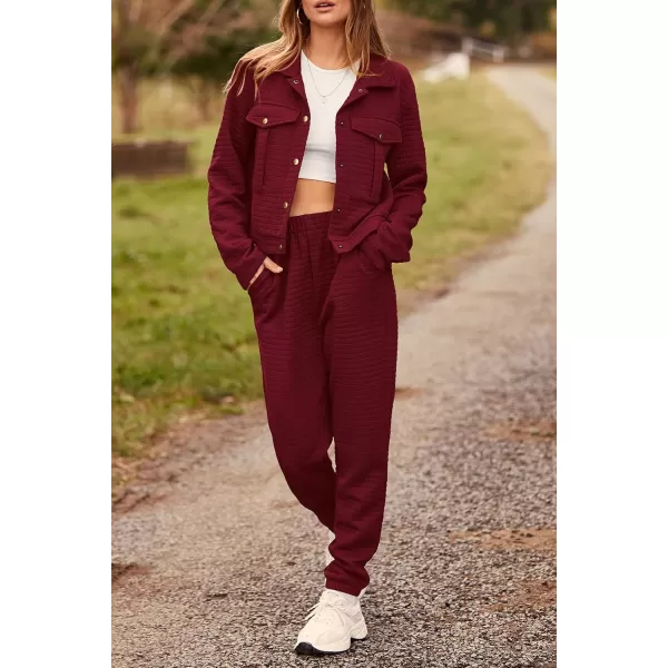 imagePRETTYGARDEN Womens 2023 Fall 2 Piece Outfits Tracksuit Long Sleeve Button Down Shacket Jacket Pockets Long Pants Casual SetWine Red