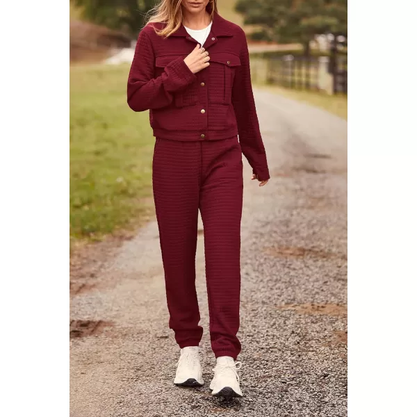 imagePRETTYGARDEN Womens 2023 Fall 2 Piece Outfits Tracksuit Long Sleeve Button Down Shacket Jacket Pockets Long Pants Casual SetWine Red