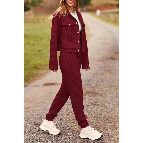 imagePRETTYGARDEN Womens 2023 Fall 2 Piece Outfits Tracksuit Long Sleeve Button Down Shacket Jacket Pockets Long Pants Casual SetWine Red