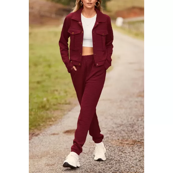 imagePRETTYGARDEN Womens 2023 Fall 2 Piece Outfits Tracksuit Long Sleeve Button Down Shacket Jacket Pockets Long Pants Casual SetWine Red