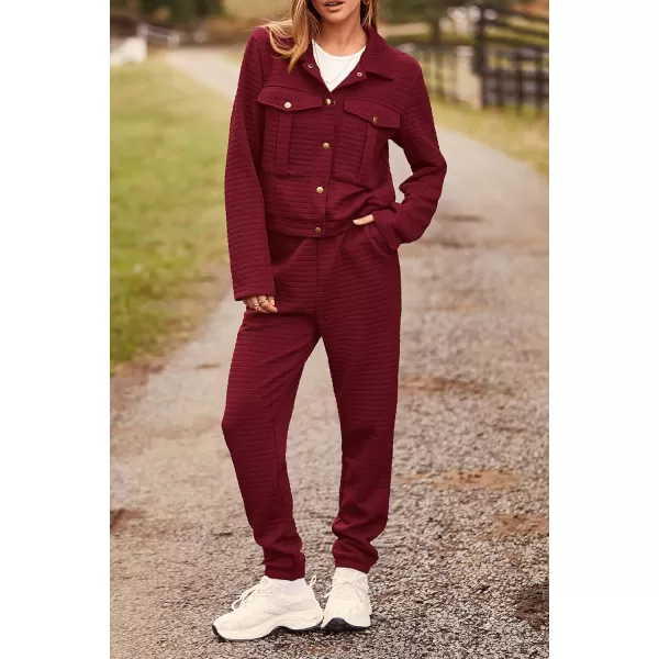 imagePRETTYGARDEN Womens 2023 Fall 2 Piece Outfits Tracksuit Long Sleeve Button Down Shacket Jacket Pockets Long Pants Casual SetWine Red