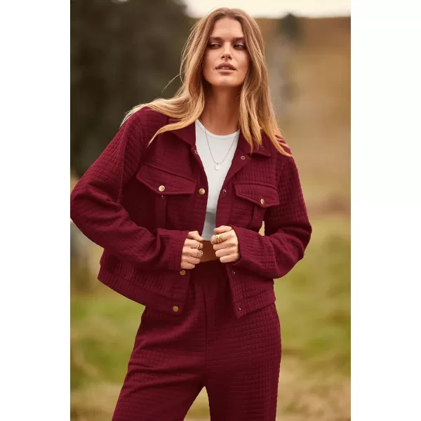 imagePRETTYGARDEN Womens 2023 Fall 2 Piece Outfits Tracksuit Long Sleeve Button Down Shacket Jacket Pockets Long Pants Casual SetWine Red