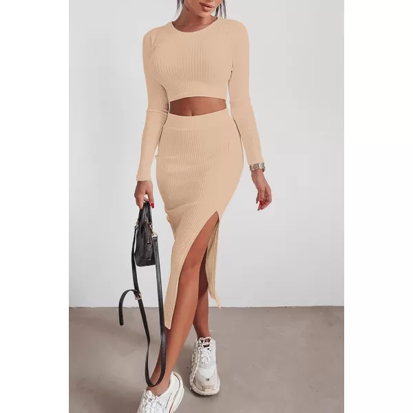 imagePRETTYGARDEN Womens 2023 Fall 2 Piece Outfits Tracksuit Rib Knit Crop Tops And Slit Midi Bodycon Skirt Dress SetsBeige