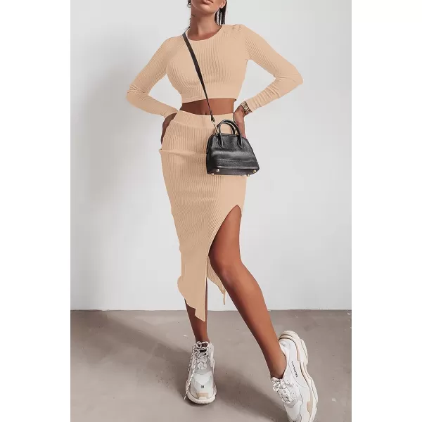 imagePRETTYGARDEN Womens 2023 Fall 2 Piece Outfits Tracksuit Rib Knit Crop Tops And Slit Midi Bodycon Skirt Dress SetsBeige