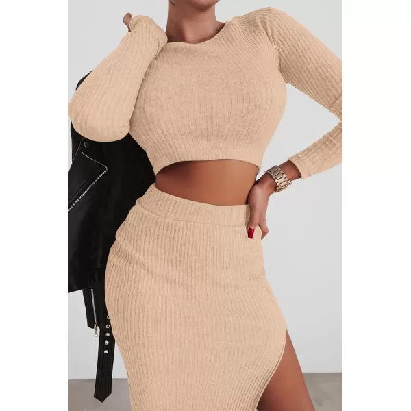 imagePRETTYGARDEN Womens 2023 Fall 2 Piece Outfits Tracksuit Rib Knit Crop Tops And Slit Midi Bodycon Skirt Dress SetsBeige